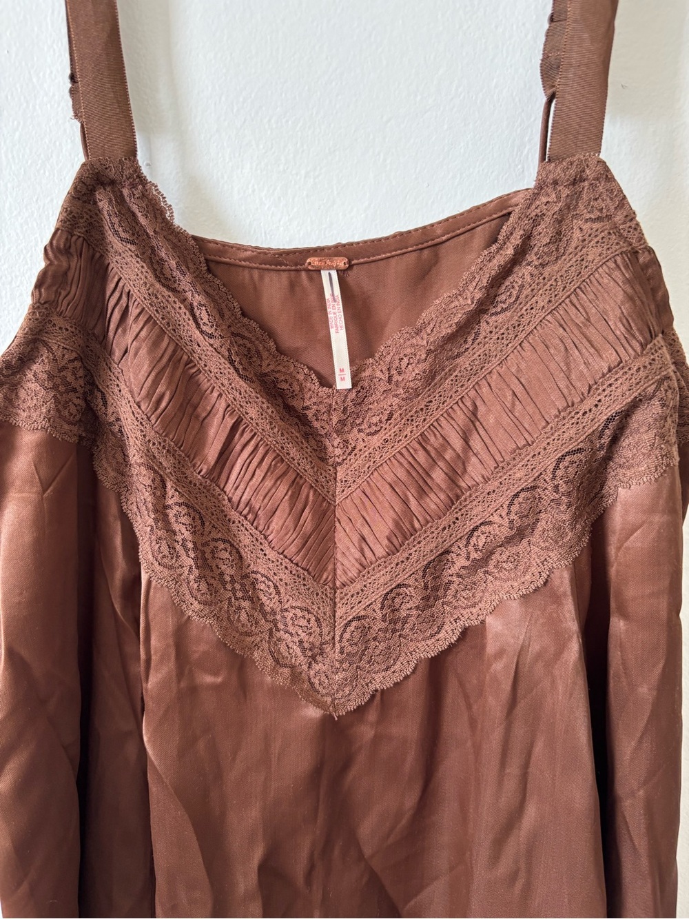 Free People Chocolate Brown Satin Lace Trim Slip Dress - Picture 3 of 12